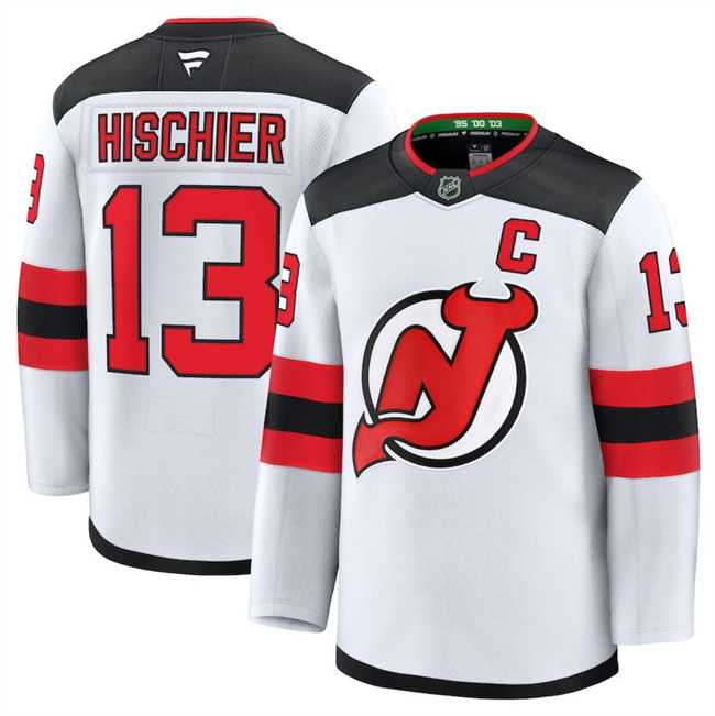 Mens New Jersey Devils #13 Nico Hischier White 2024-25 Away Stitched Hockey Jersey Dzhi